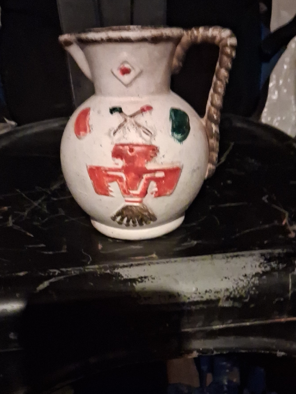 Source Unknown White Ceramic Pitcher with Red and Green Folk Design